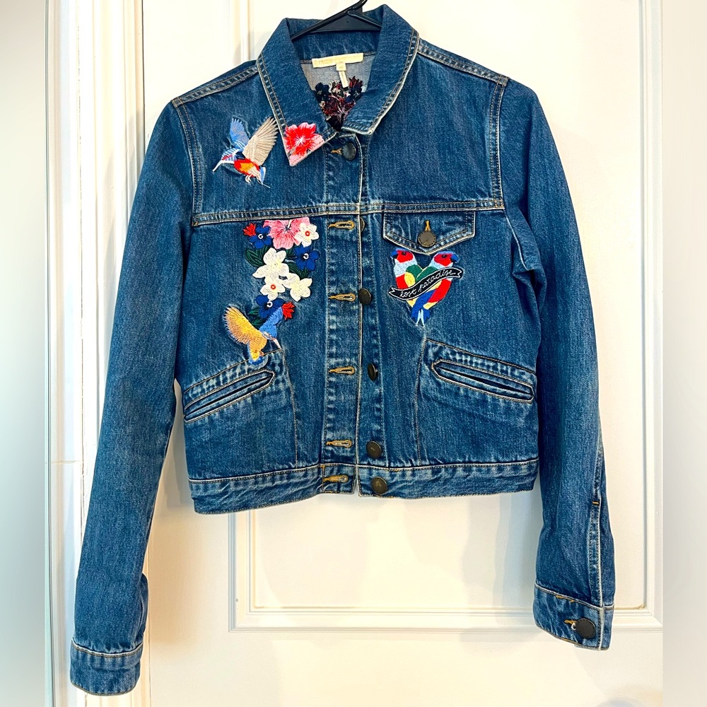 Maje Cropped Embroidered Denim Jacket